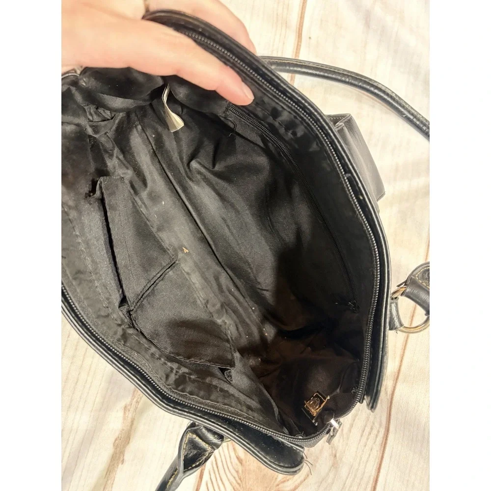 Vintage Y2K Black Faux Leather Bowling Bag Satchel Silver Hardware 2000s